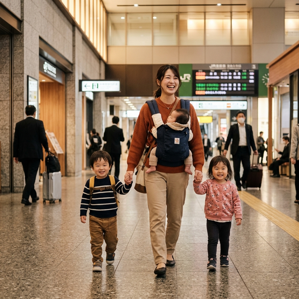 複数乳幼児の同伴制限 駅の構内を複数の乳幼児を連れて笑顔で歩く母親