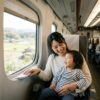 新幹線の車内で笑顔で窓の外を眺める母親と2歳の幼児