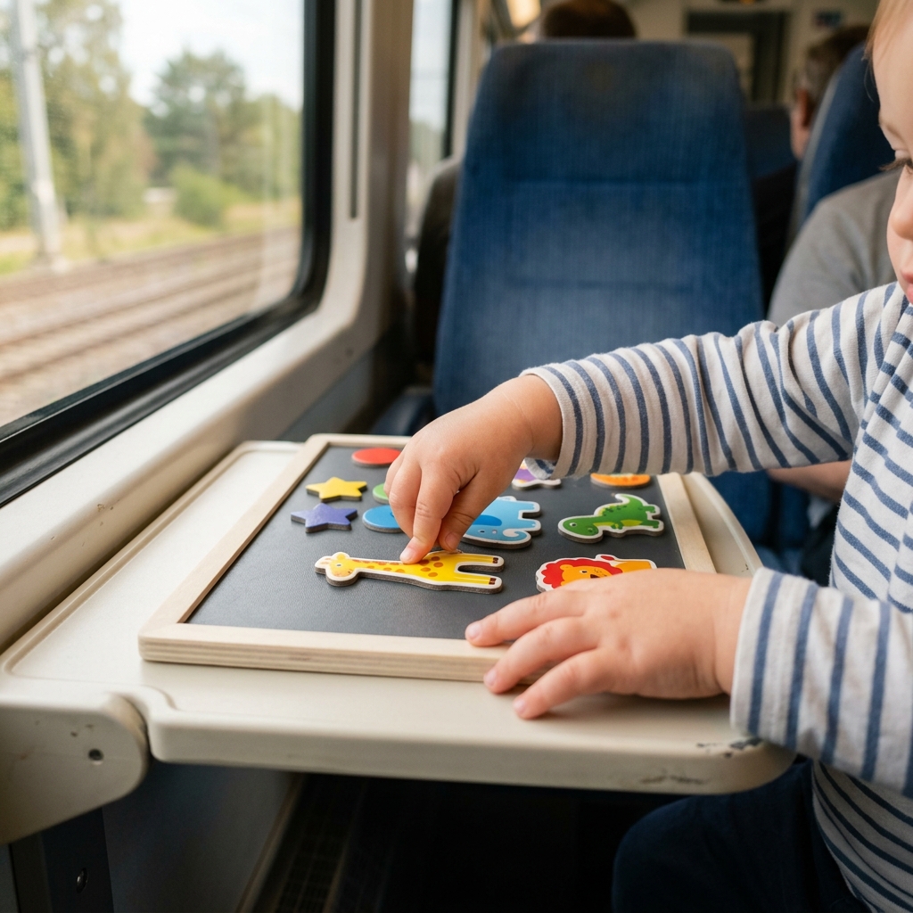 新幹線車内での2歳児おもちゃ対策 新幹線のテーブルの上でマグネットおもちゃで遊ぶ2歳児の手元