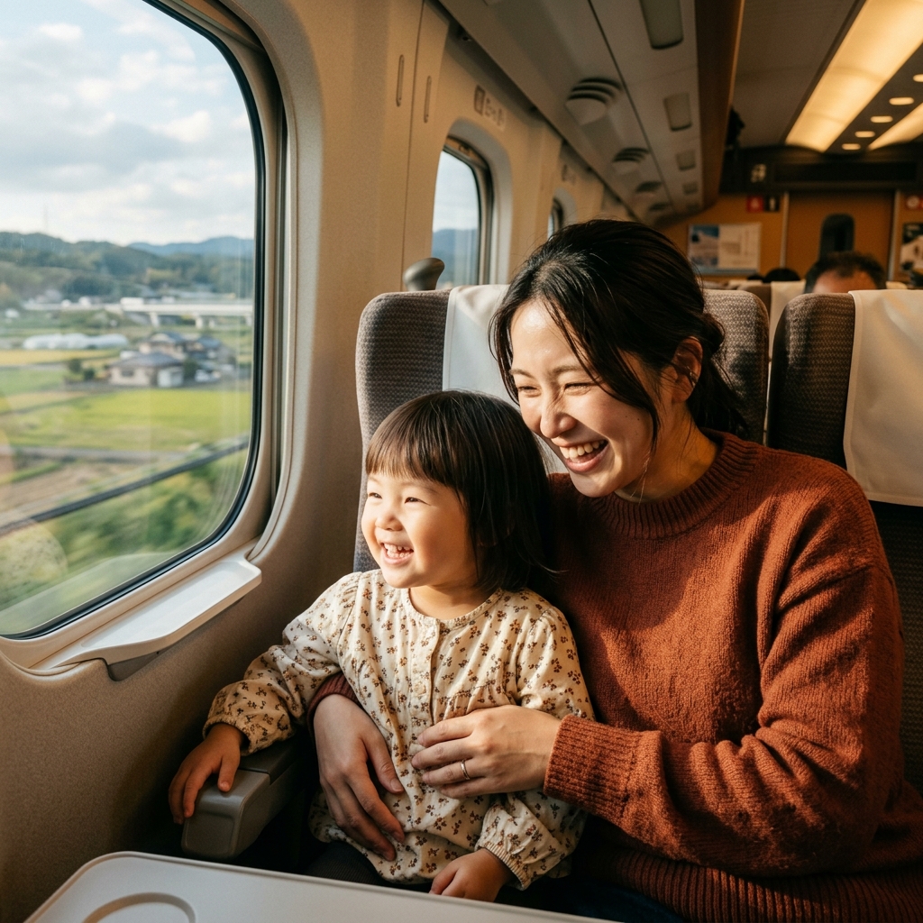 新幹線の車内で笑顔で窓の外を眺める母親と3歳の幼児