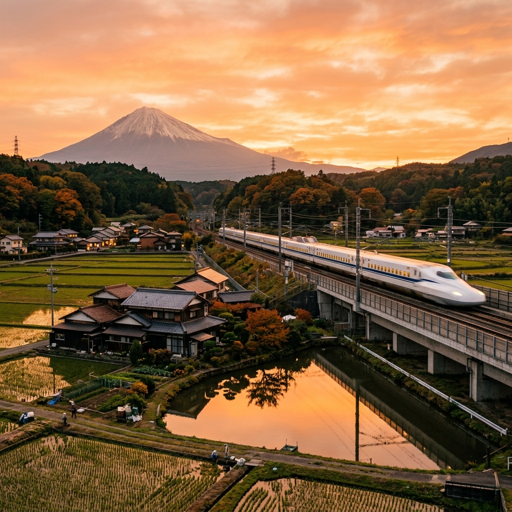 夕日と新幹線 夕暮れの日本の田園風景の中を走り抜ける新幹線