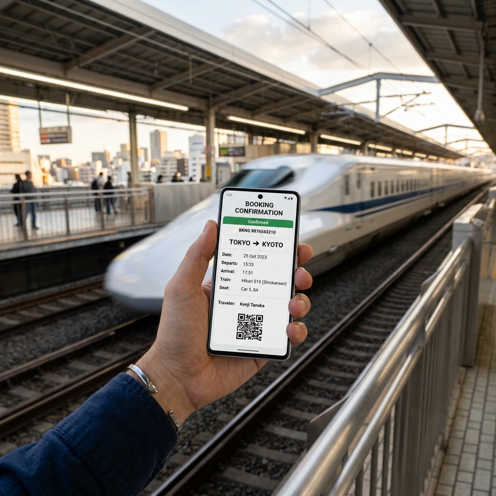 スマホで新幹線予約 スマートフォンに表示された新幹線の予約画面と新幹線