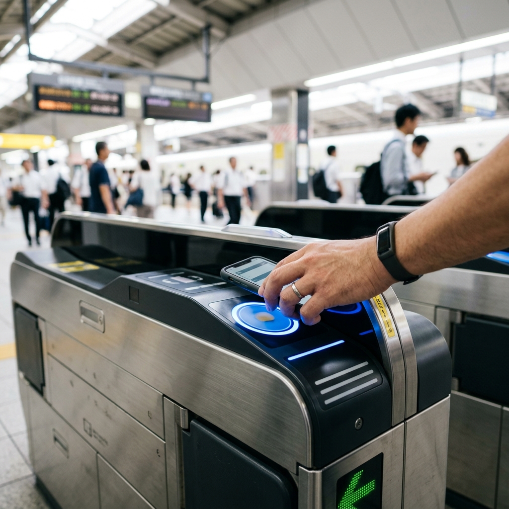 チケットレス改札 新幹線の自動改札機にスマートフォンをタッチして通過する様子
