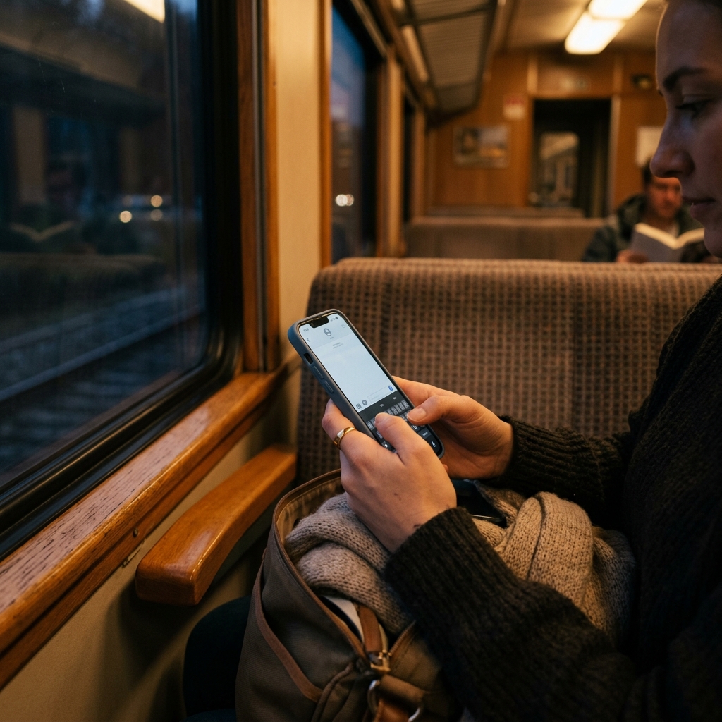 新幹線の客室のシートに座ったまま音を立てずにスマートフォンでチャットメッセージを送信する様子