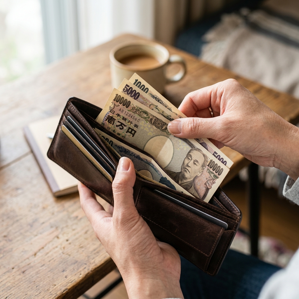 現金での払い戻しと返金 革の財布から日本円のお札を取り出す手元の様子