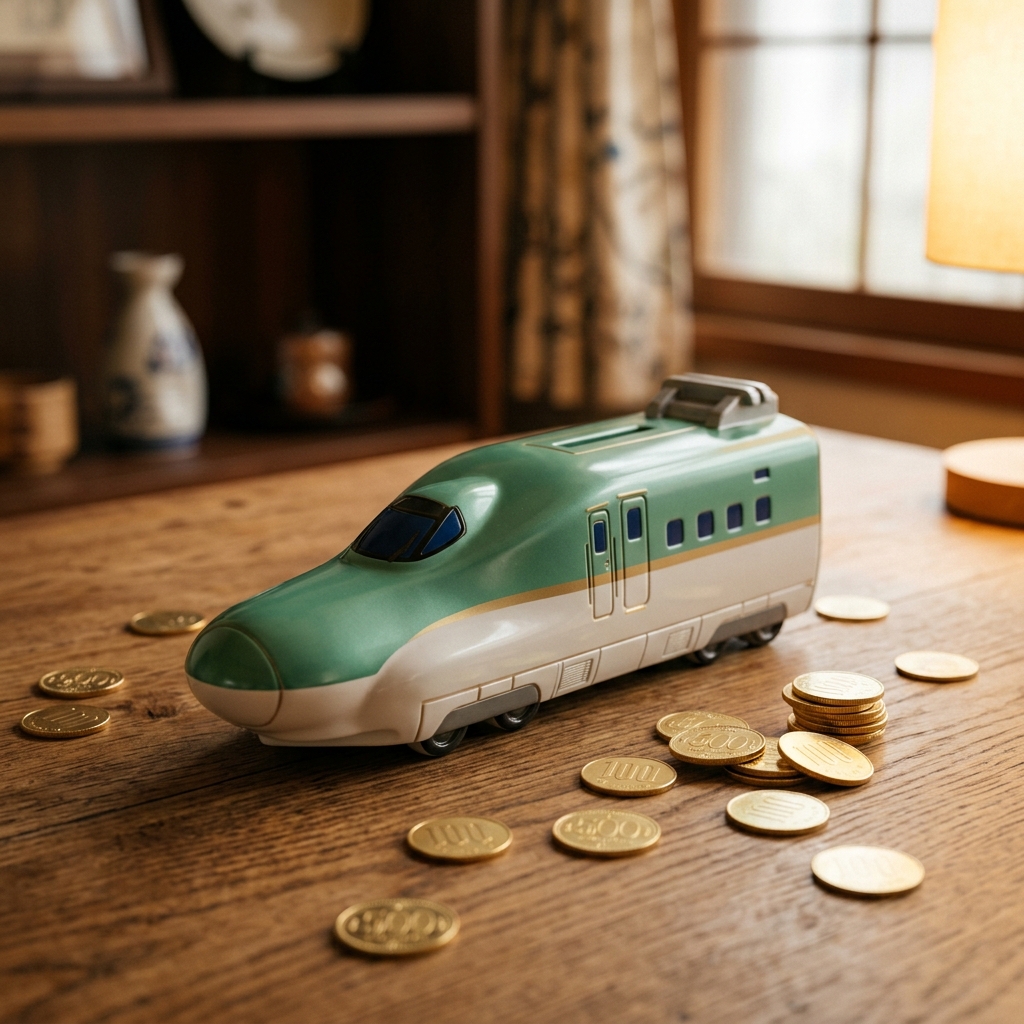 新幹線を模した貯金箱ときらめく金貨
