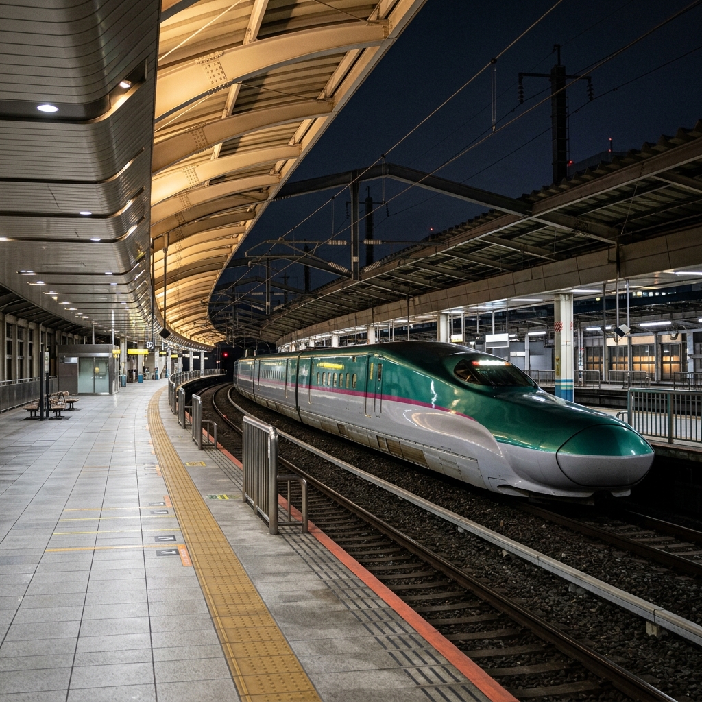 夜の新幹線ホーム 夜の駅ホームに停車する近未来的な新幹線
