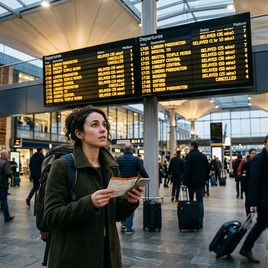 駅の改札内にある発車電光掲示板に遅延情報が表示され心配そうに見つめる乗客の様子