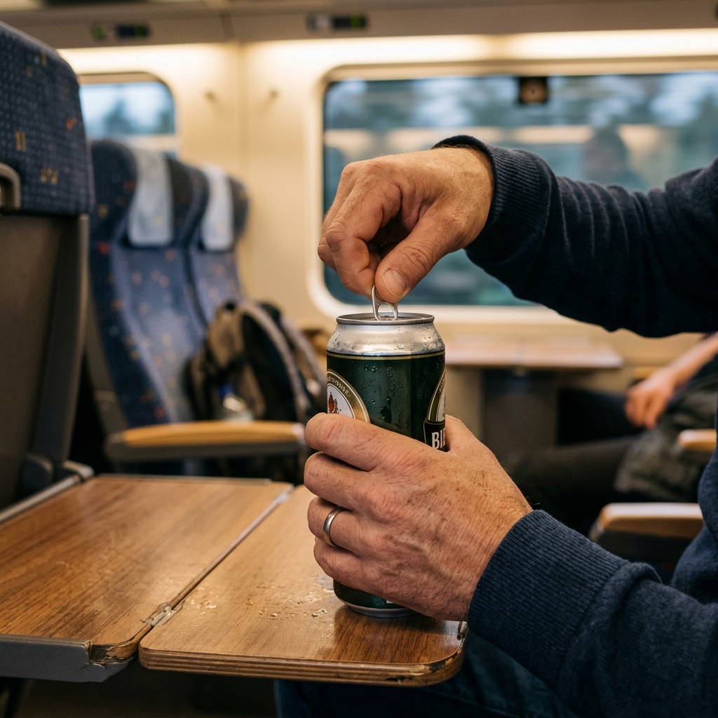 新幹線車内で缶ビールを開けて静かに一口飲む乗客の手元の様子