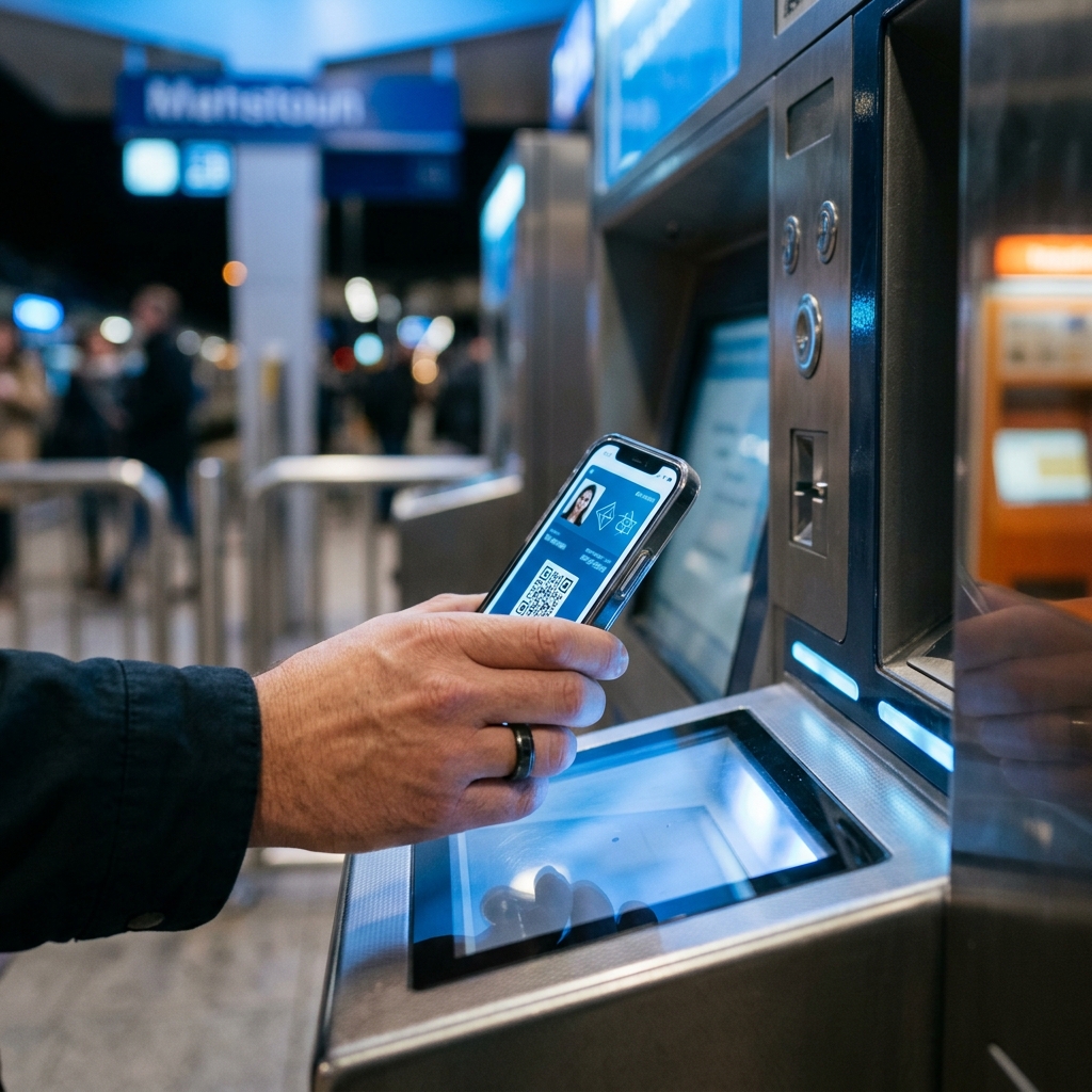 駅の自動券売機の読取口にスマートフォンのデジタル障害者手帳画面をかざす手元