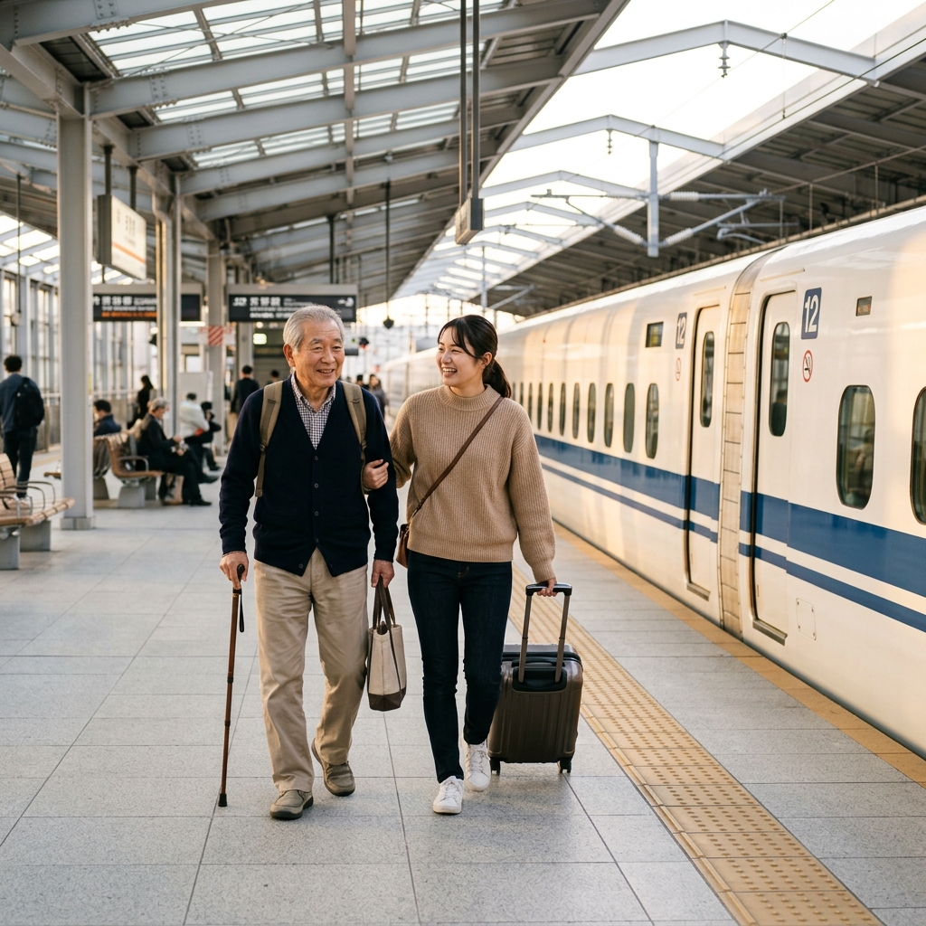 新幹線ホームで笑顔で寄り添いながら歩く女性と高齢の乗客の様子