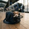 新幹線旅行用のペットキャリーケースから顔を覗かせる可愛い小型犬