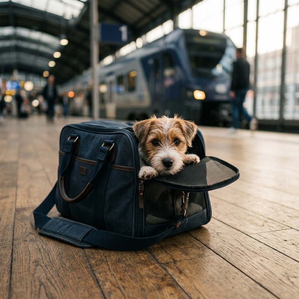 新幹線旅行用のペットキャリーケースから顔を覗かせる可愛い小型犬