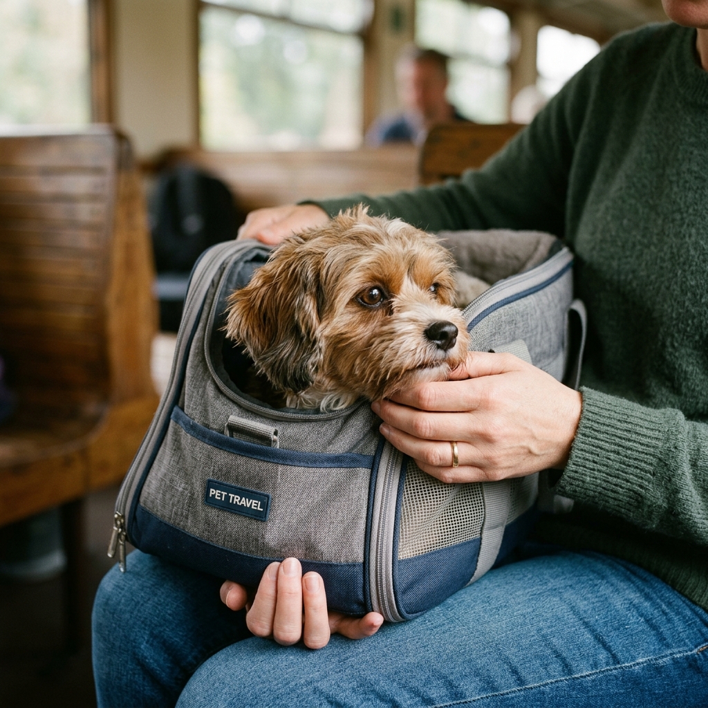 キャリーケース内の小型犬 乗客の膝の上に置かれたキャリーケースの中で静かに落ち着いている小型犬