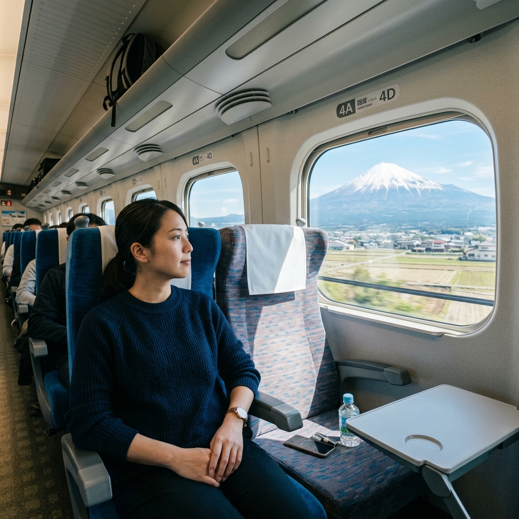 D席からE席越しに見る富士山 新幹線のD席から隣のE席越しに遠くに見える美しい富士山の景色を眺める乗客の車内の様子