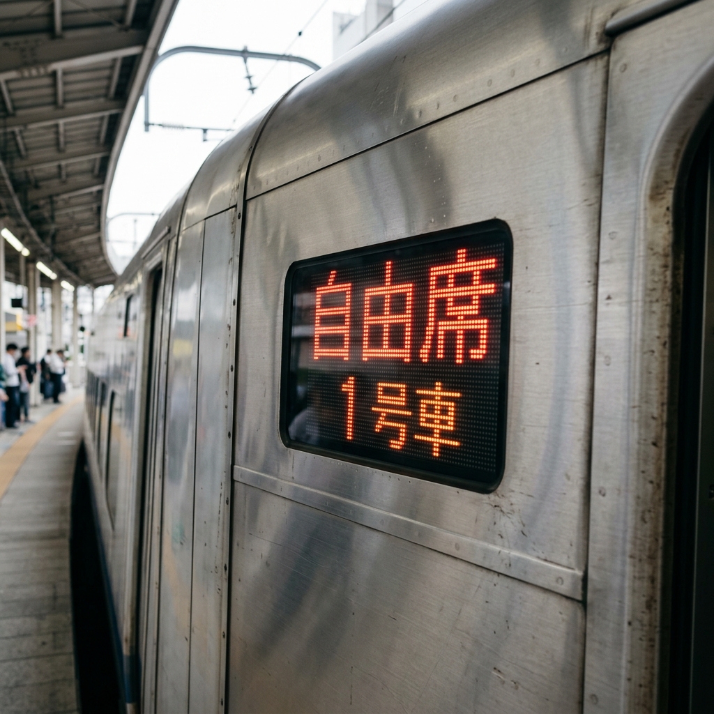 車両側面の自由席デジタルLED表示 新幹線車両側面のデジタル案内板に自由席と表示されているクローズアップ