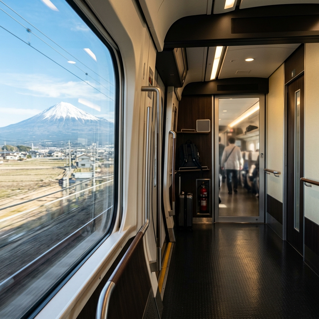 新幹線デッキの車窓 新幹線のデッキ窓から見える富士山の景色