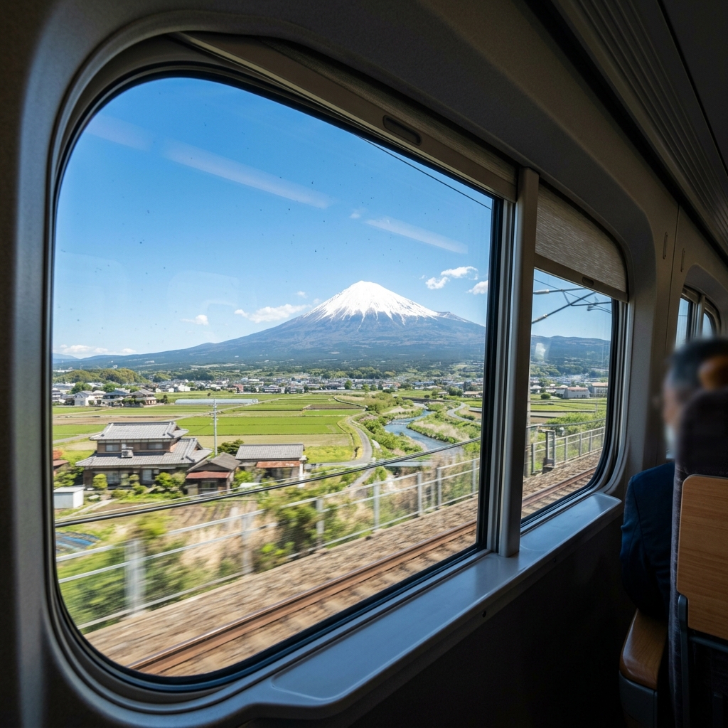 東海道新幹線の車窓から見える美しい富士山