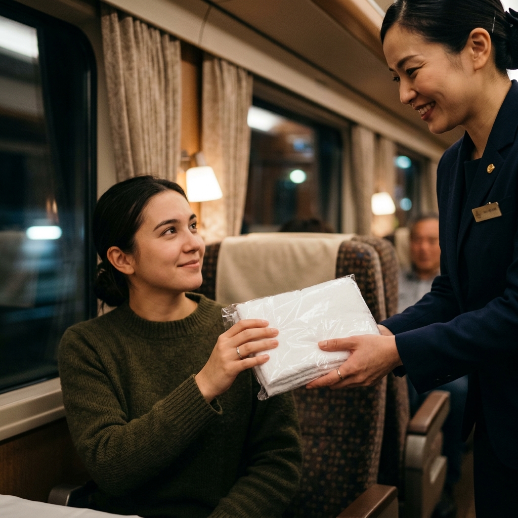 おしぼりの無料配布サービス 新幹線のグリーン車の車内で客室乗務員(パーサー)から無料の特製おしぼりを受け取る乗客