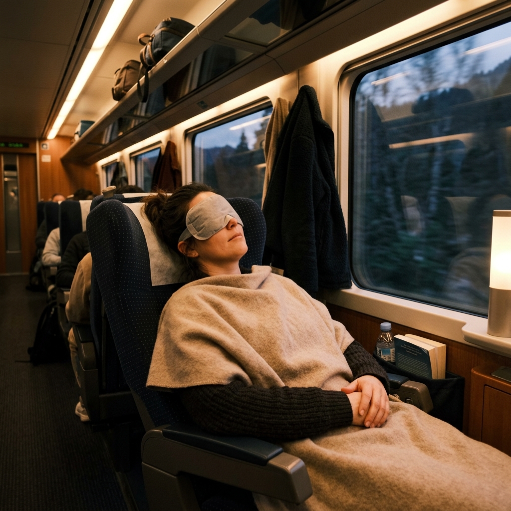 新幹線車内で蒸気ホットアイマスクを着用してシートを倒し快適に目を休めて眠る乗客