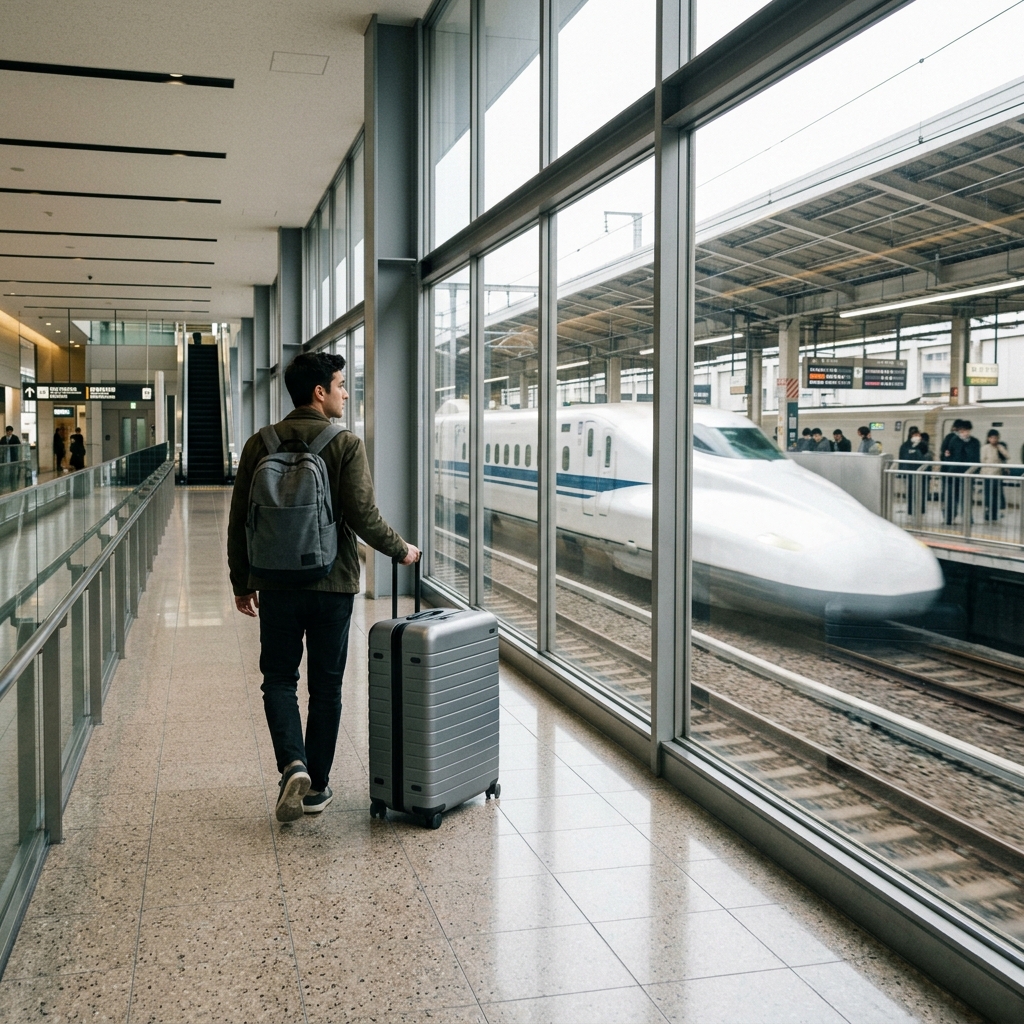 駅の構内で大きなスーツケースを引いて歩く旅行者と窓越しに見える新幹線