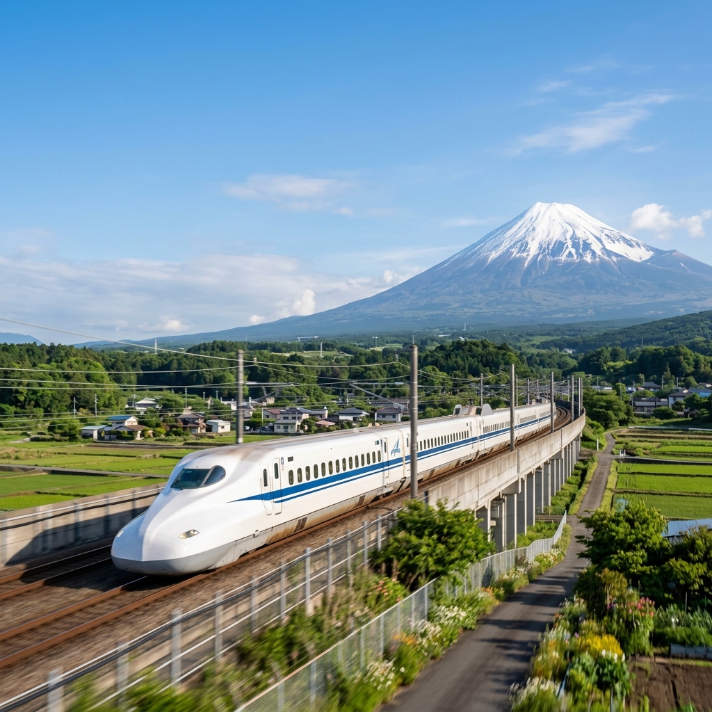 新幹線と富士山 富士山を背景に疾走する現代的な新幹線N700Sの美しい風景