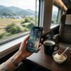 新幹線のグリーン車の座席テーブルの上に置かれたコーヒー、アイス、およびスマホを持つ乗客の手元