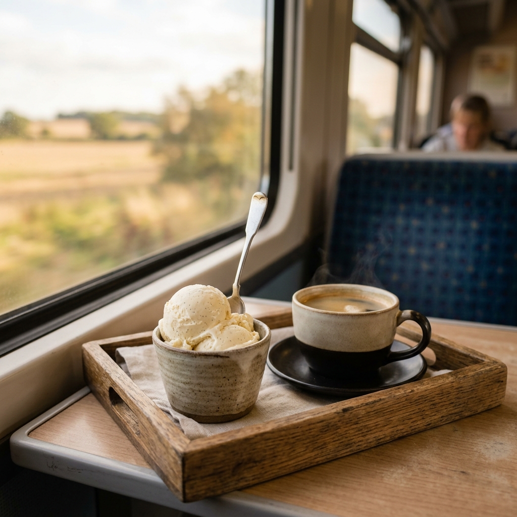 新幹線の車内座席テーブルの上に置かれたバニラアイスとホットコーヒー