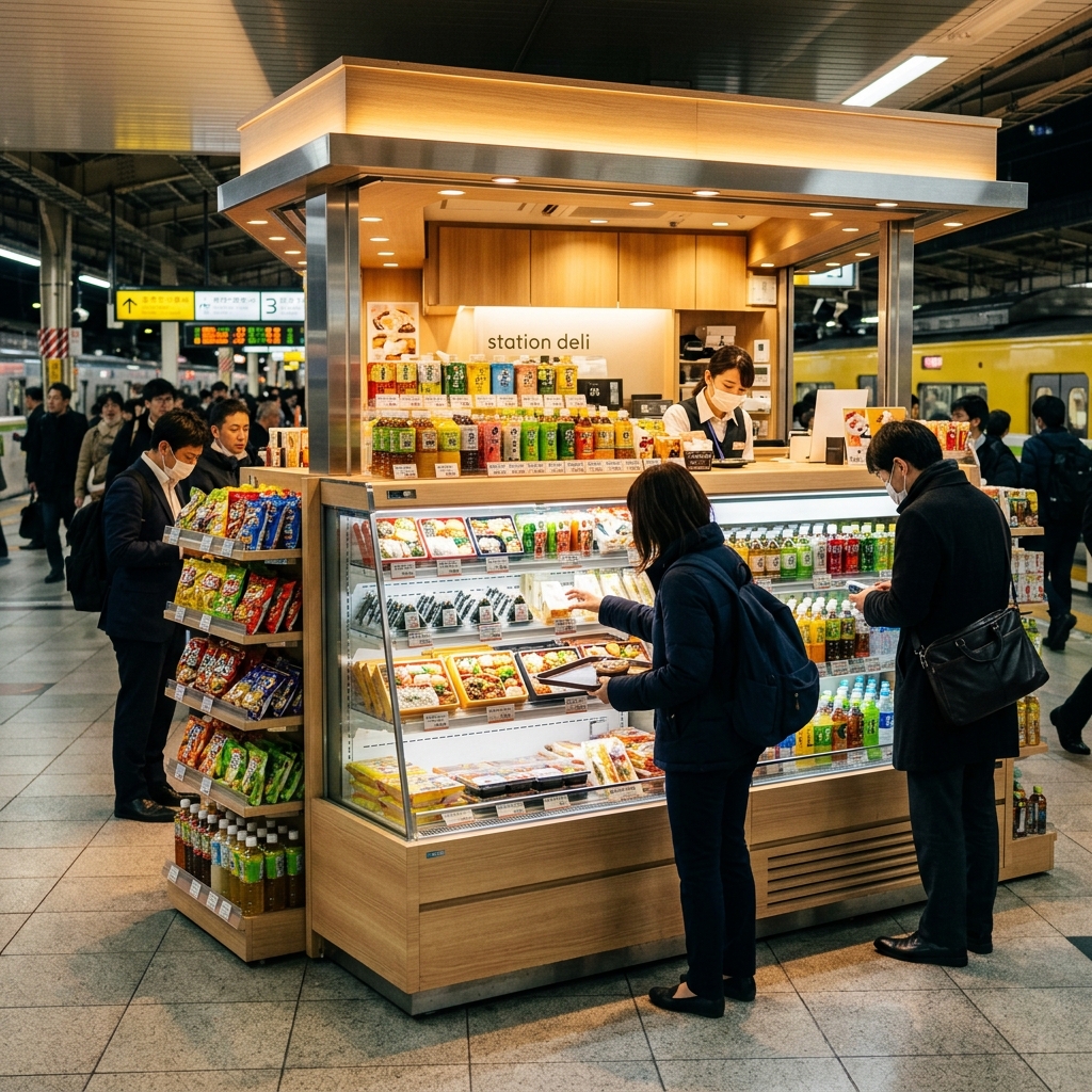駅のホームや改札内にあるお弁当や飲み物が並ぶ売店の様子