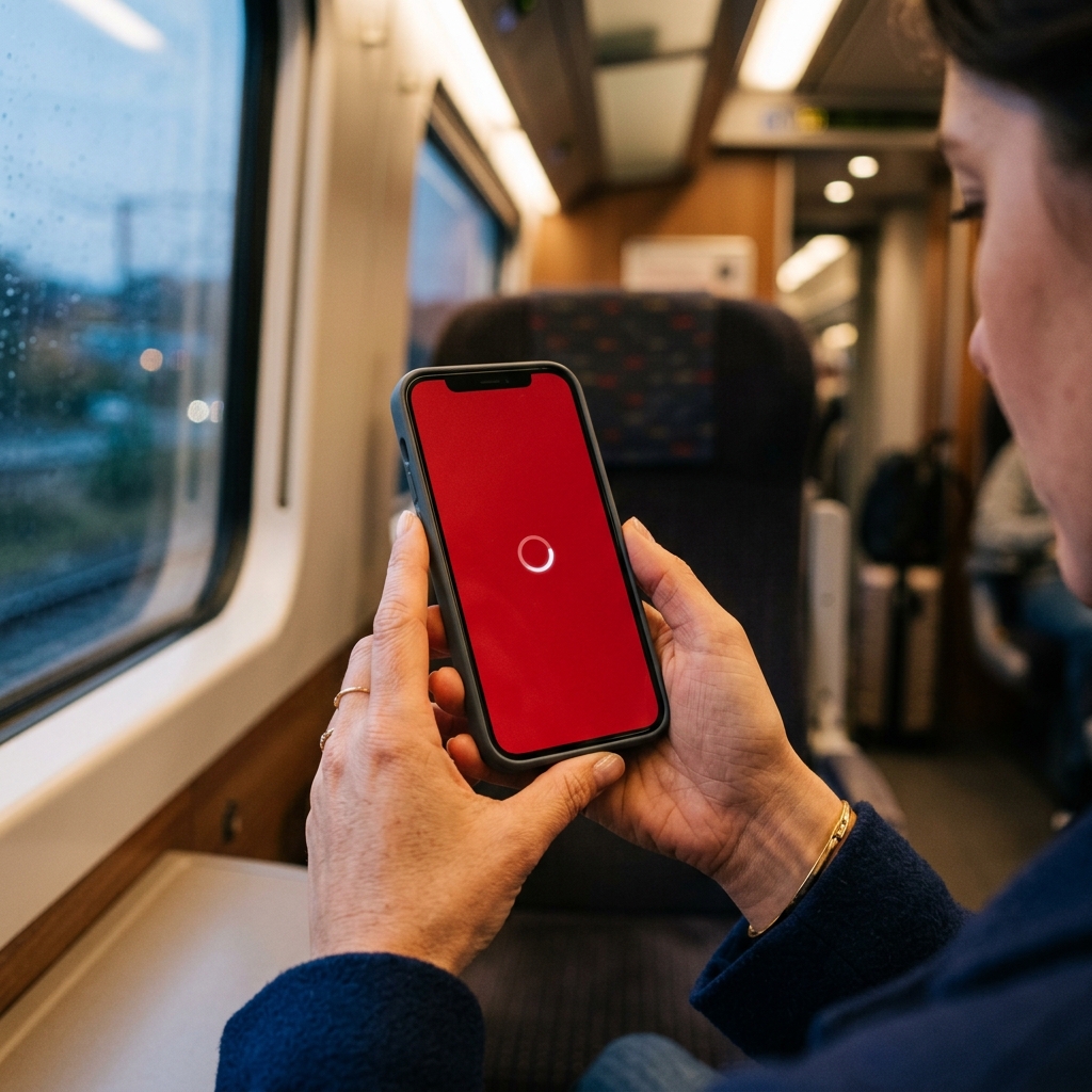 新幹線の車内でスマートフォンの決済処理画面を操作する手元