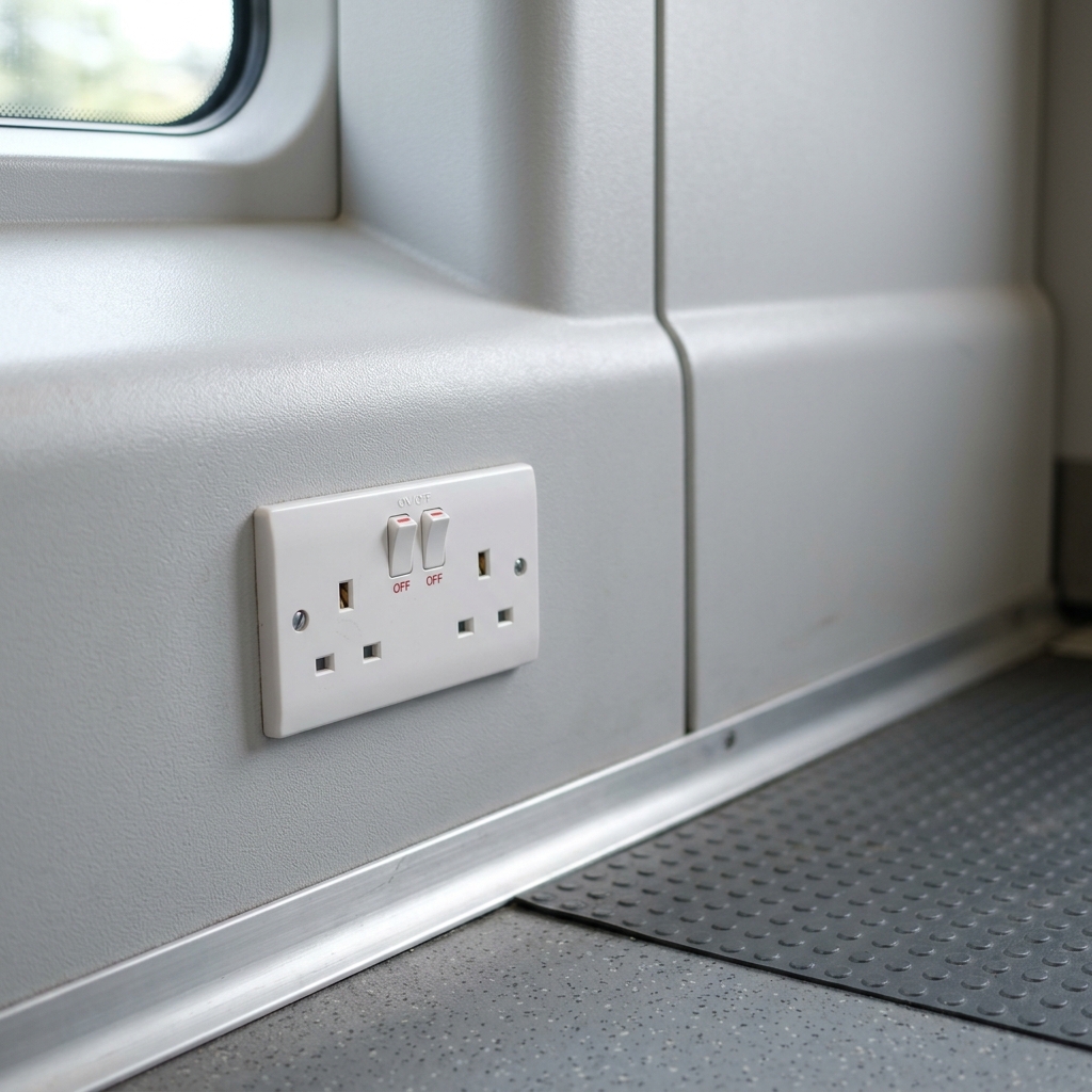 新幹線普通車窓側座席の足元壁面に設置されているAC100V電源コンセントのクローズアップ