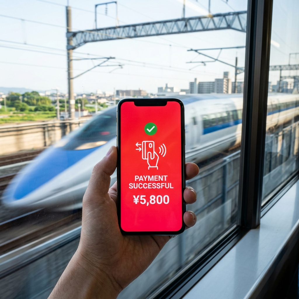 PayPay支払い画面が表示されたスマートフォンと窓の外を通過する新幹線