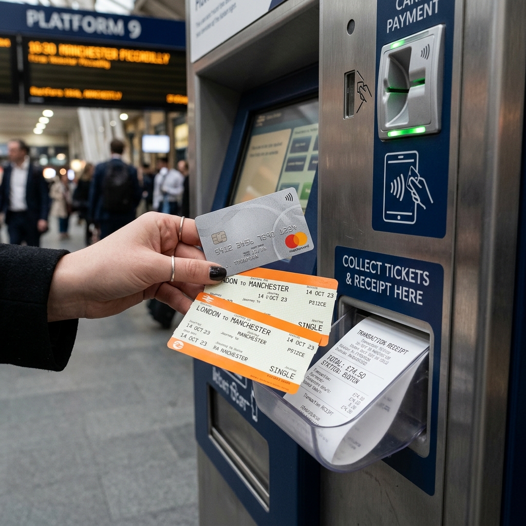 カード決済時の領収書受取 駅の自動券売機から出力されたきっぷとクレジットカード用売上明細書を手で受け取る様子