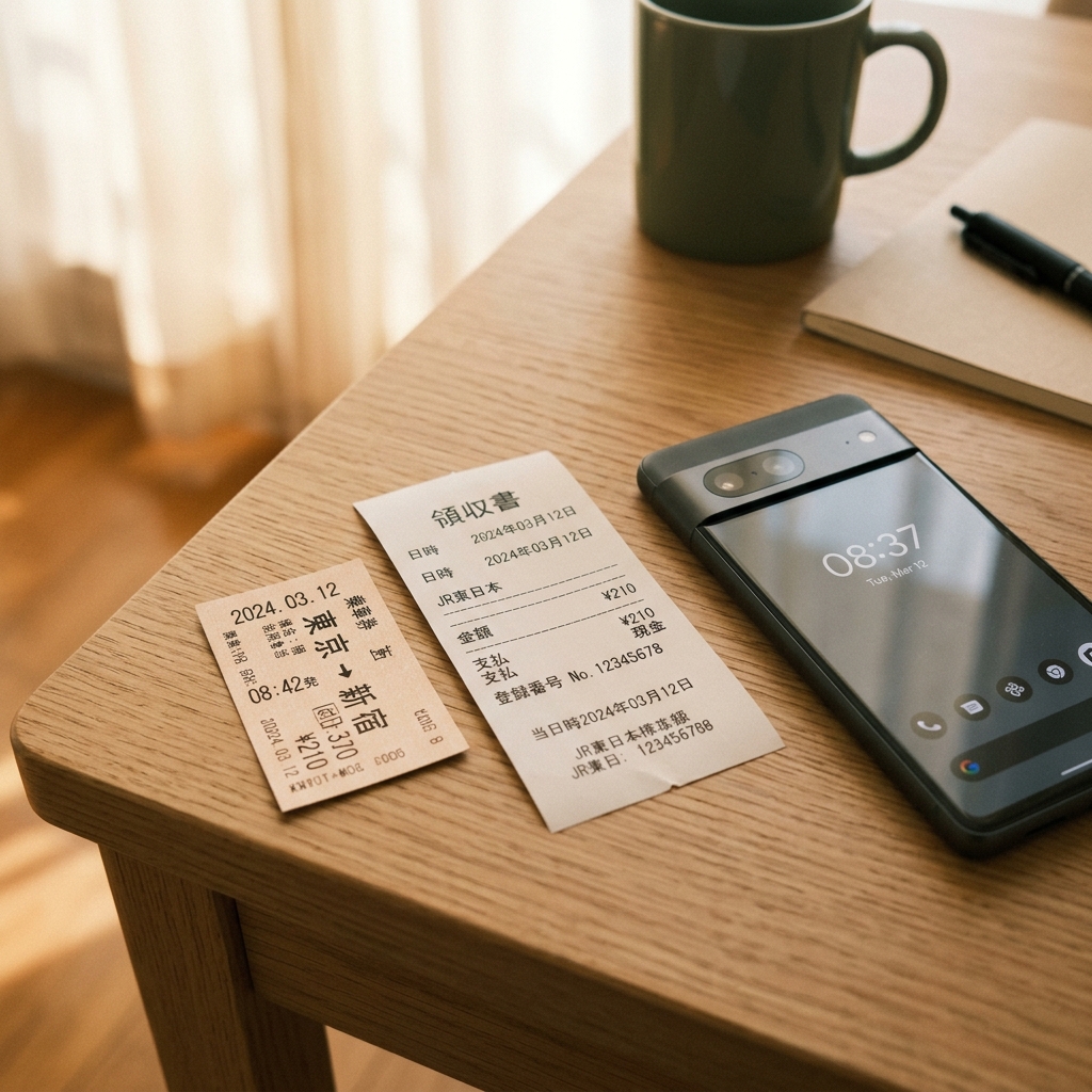 オフィスのデスクに綺麗に並べられた新幹線のきっぷと宛名入り領収書、スマートフォンの様子