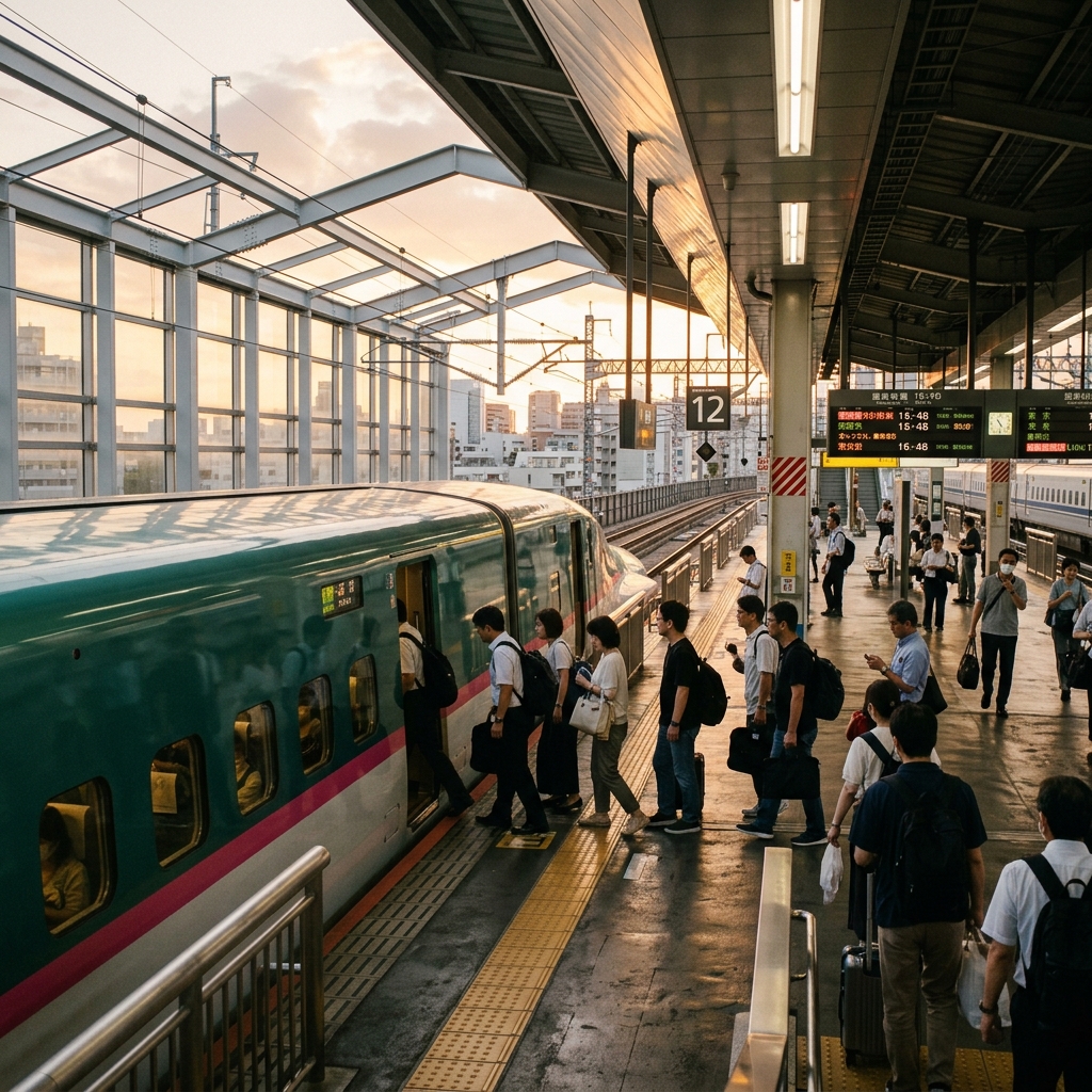 繁忙期の新幹線ホームの混雑 美しい夕暮れ時に新幹線の乗車口に並ぶ乗客と停車中の新幹線