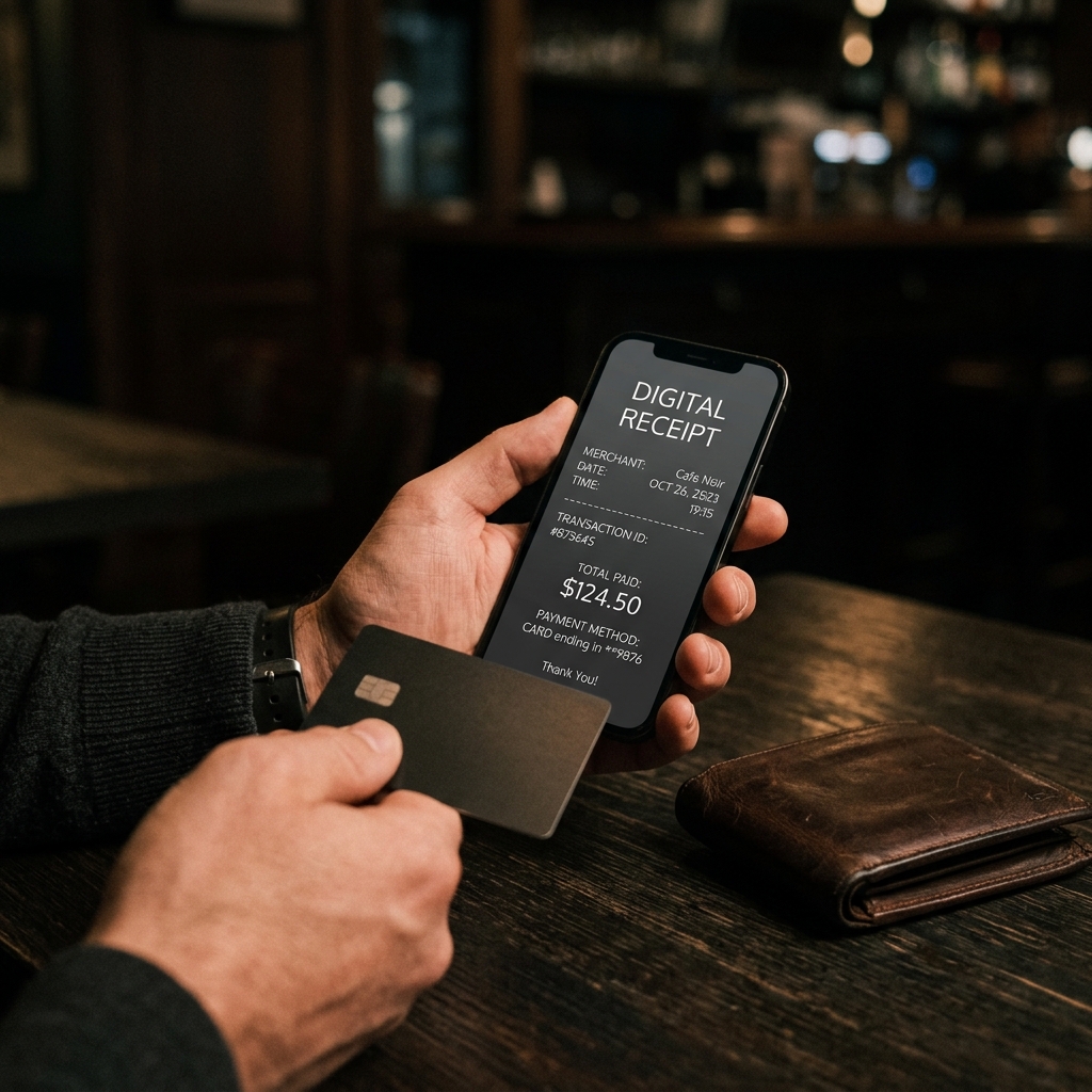 クレジットカードとスマートフォンの決済完了画面、および革の財布