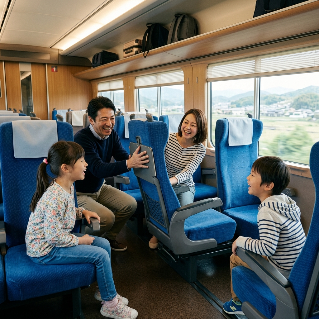新幹線車内で家族が笑顔で座席シートを回転させて向かい合わせにする様子