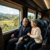 豪華な新幹線の車内で笑顔で窓の外を眺める仲の良い60代の日本人シニア夫婦