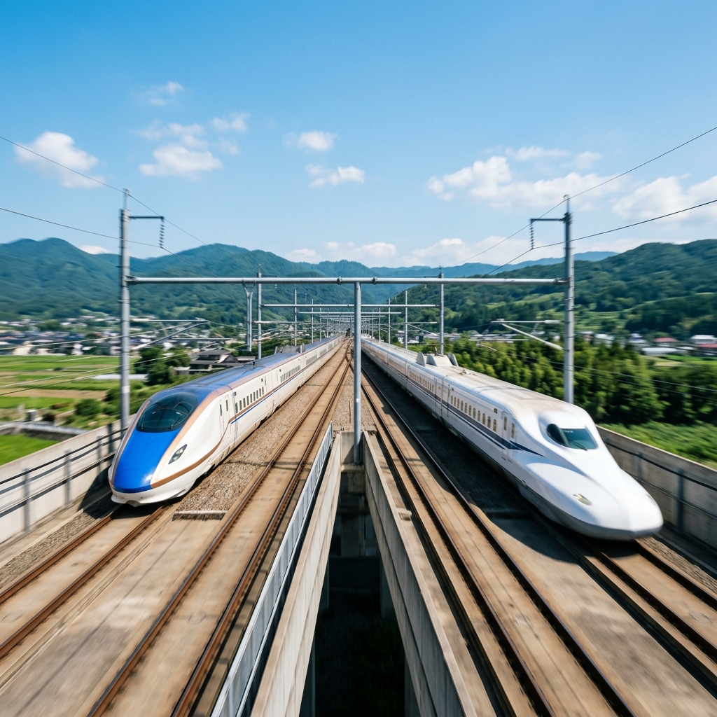 青空の下、線路上を高速ですれ違うモダンな新幹線の車体
