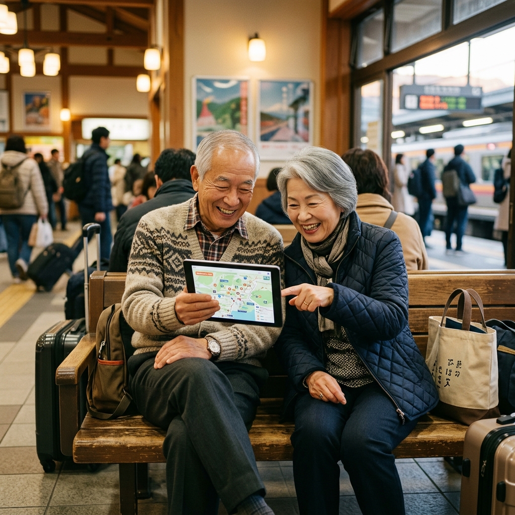 駅の待合室でタブレット端末を見ながら楽しそうに旅行計画を立てるシニア夫婦
