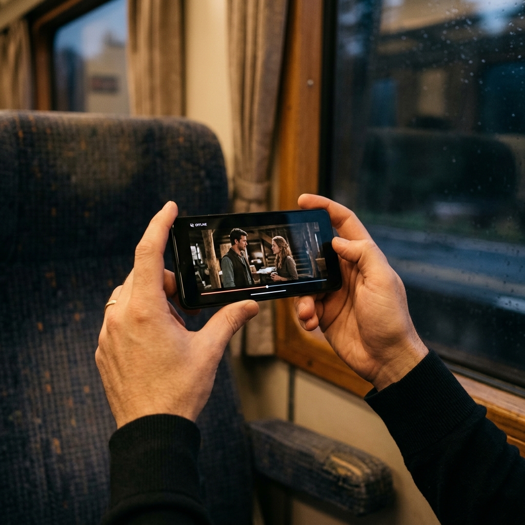 新幹線車内で事前ダウンロードしておいた映画をスマートフォンでオフラインで快適に視聴する様子