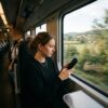 新幹線車内でスマートフォンを手に持ち画面の電波アンテナピクトを確認する乗客の手元の様子
