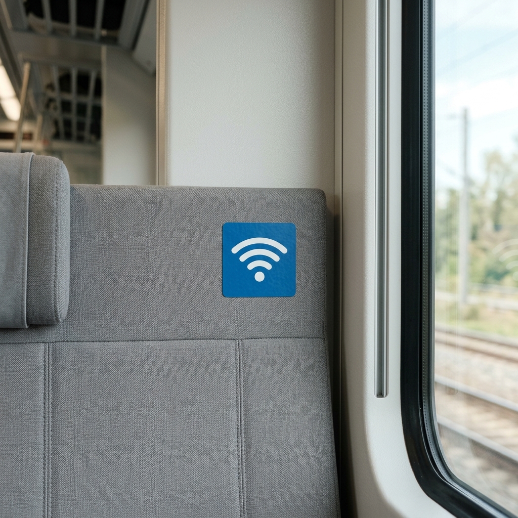 新幹線の客室の壁面に貼られた無料車内Wi-Fiサービスの利用案内を促す接続ステッカー