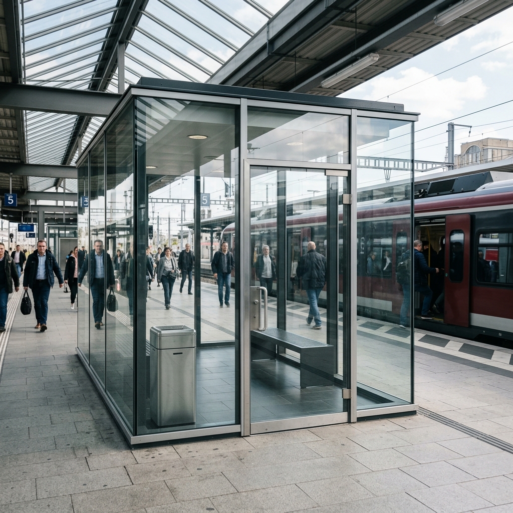 新幹線駅の明るいプラットホーム上に設置されたガラス張りのモダンな指定喫煙スペース