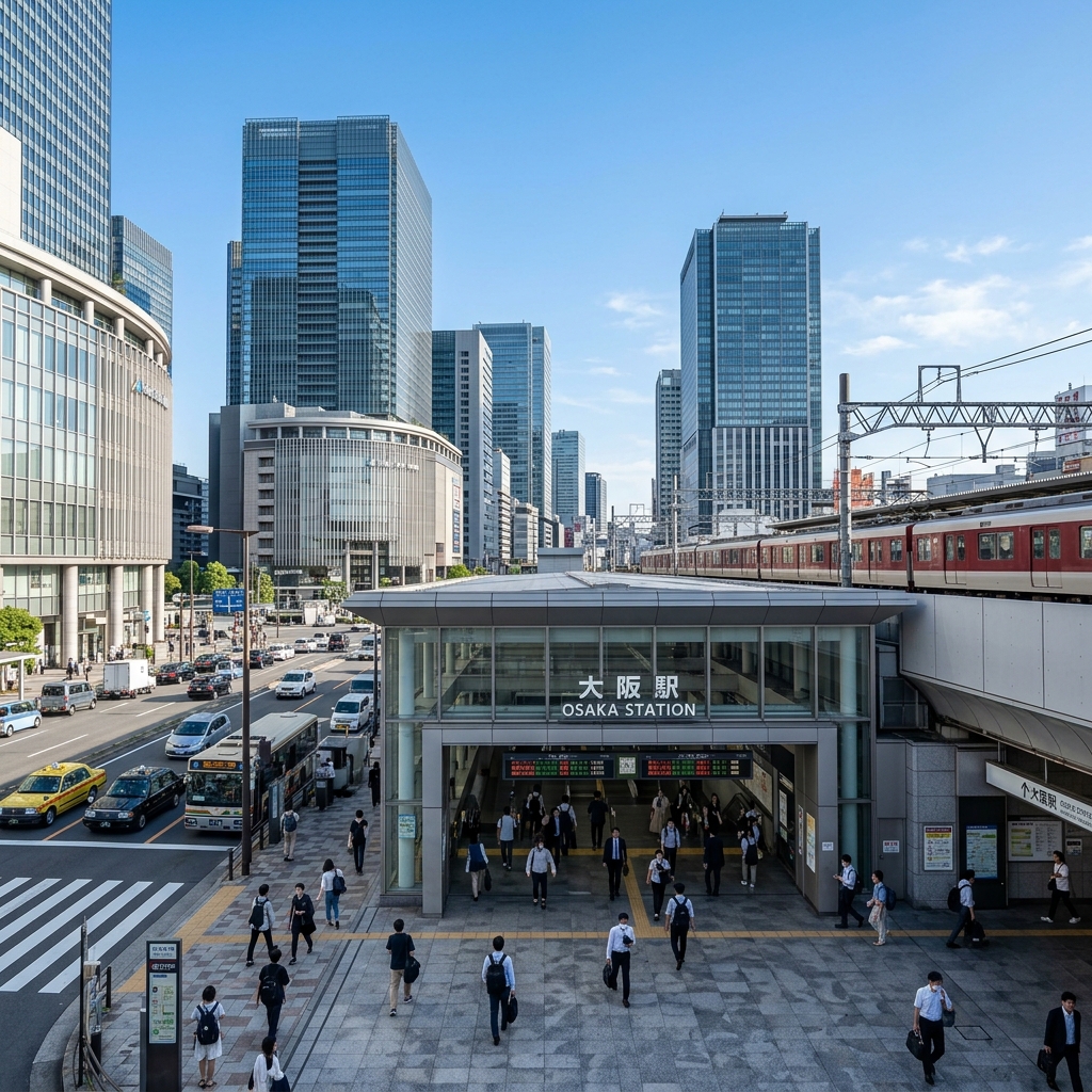 特定都区市内エリアの都市ビル群 青空の下に広がるモダンな大都市のビル群と手前にある駅の入り口