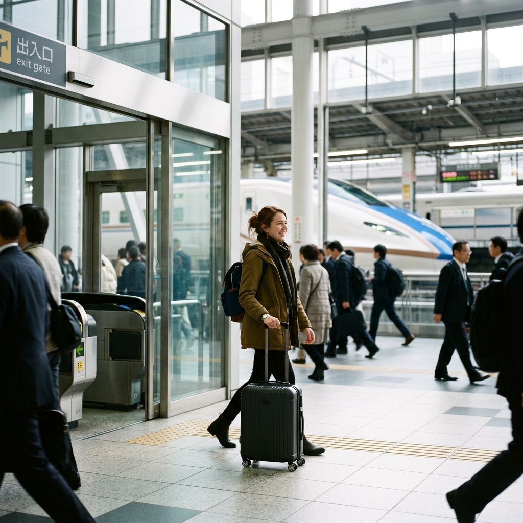 スーツケースを引いて駅の改札出口を笑顔で出る旅行者と背後に見える新幹線