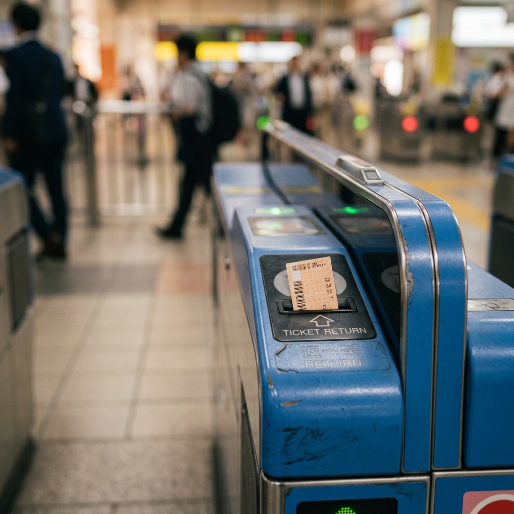 途中下車時の乗車券返却 駅の自動改札機の戻り口からポッと出てきた紙の乗車券のクローズアップ