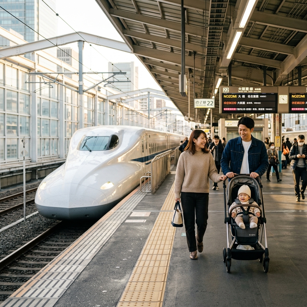 子連れでの新幹線乗車 新幹線のホームをベビーカーを押して歩く家族
