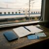 学生の机の上に置かれたスマートフォン、青い学生証、ノート、新幹線のきっぷの様子