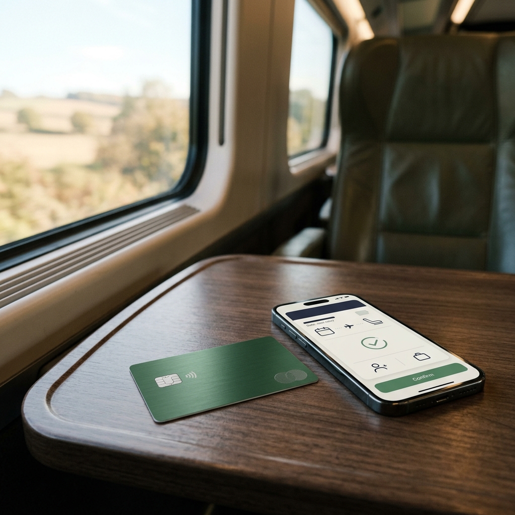 新幹線の車内の座席テーブルの上に置かれた緑のクレジットカードとスマートフォンの予約画面